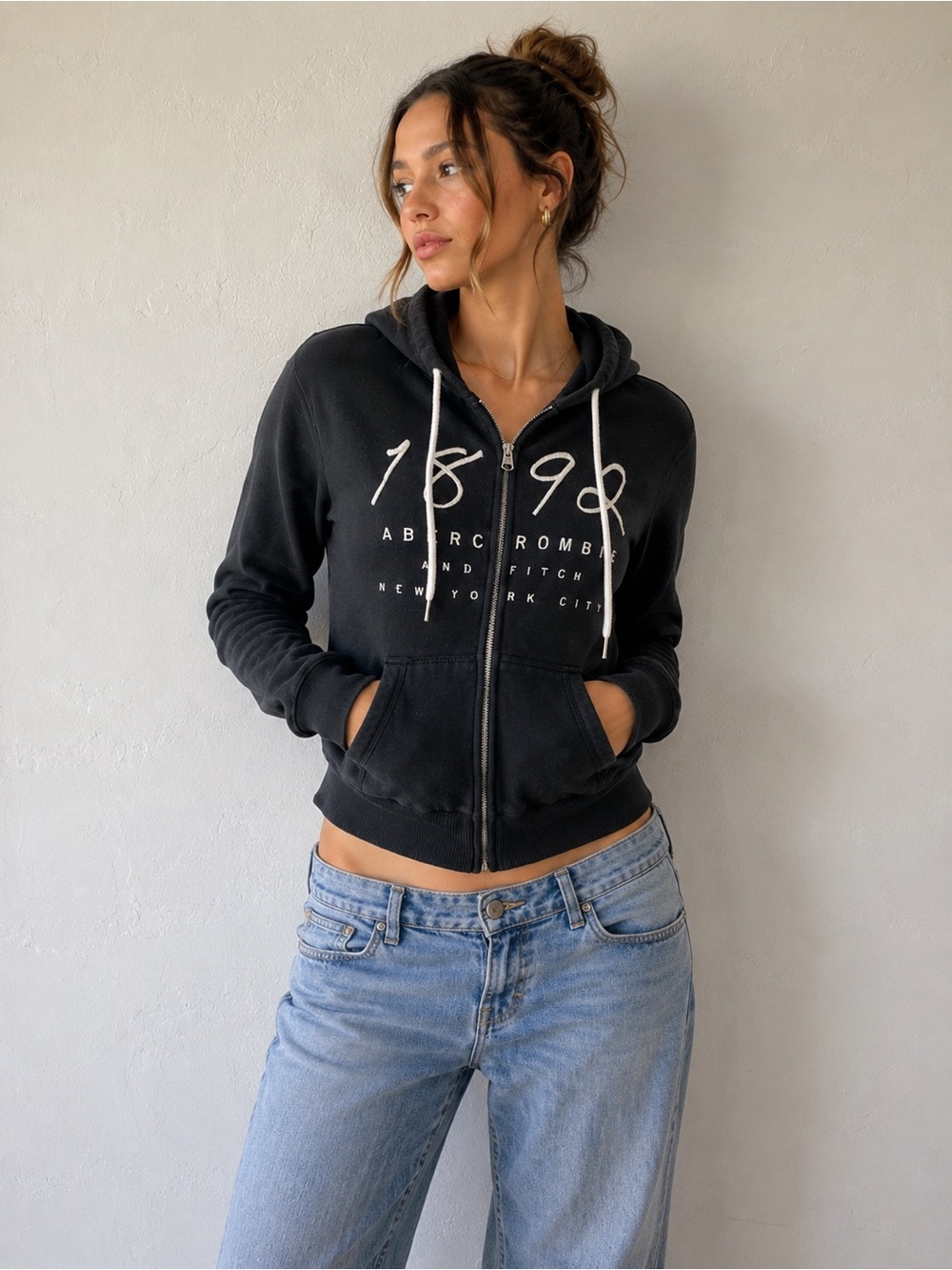 Abercrombie 1892 Zip Hoodie Washed Black Y2K Grunge Skate Goth Women S